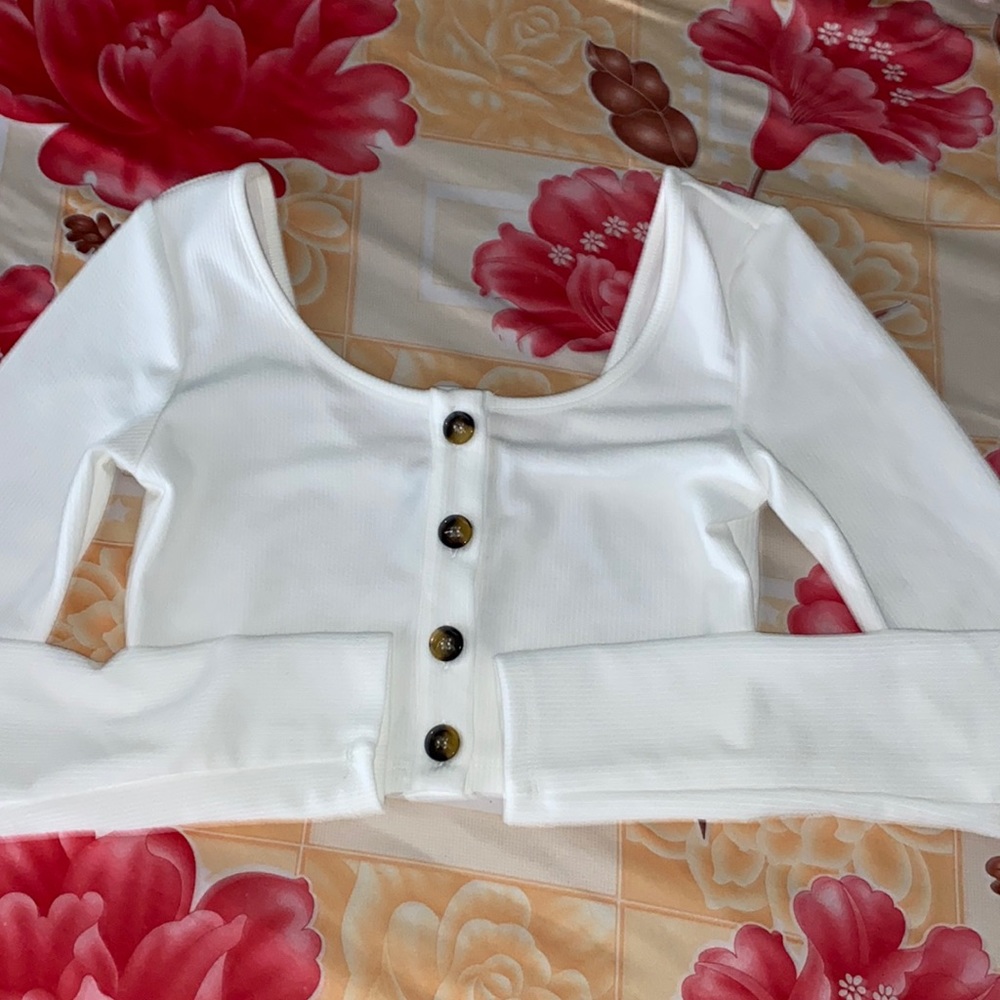 White Cropped Long-Sleeve Button Top